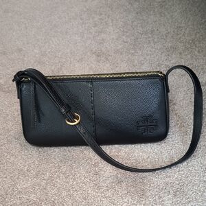Tory Burch Black Pebbled Leather Shoulder Bag with Gold Hardware